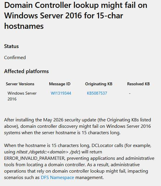 Windows Server 2016’nın Mayıs 2026 Güncellemesi Domain Controller Bulma Sorununa Yol Açıyor